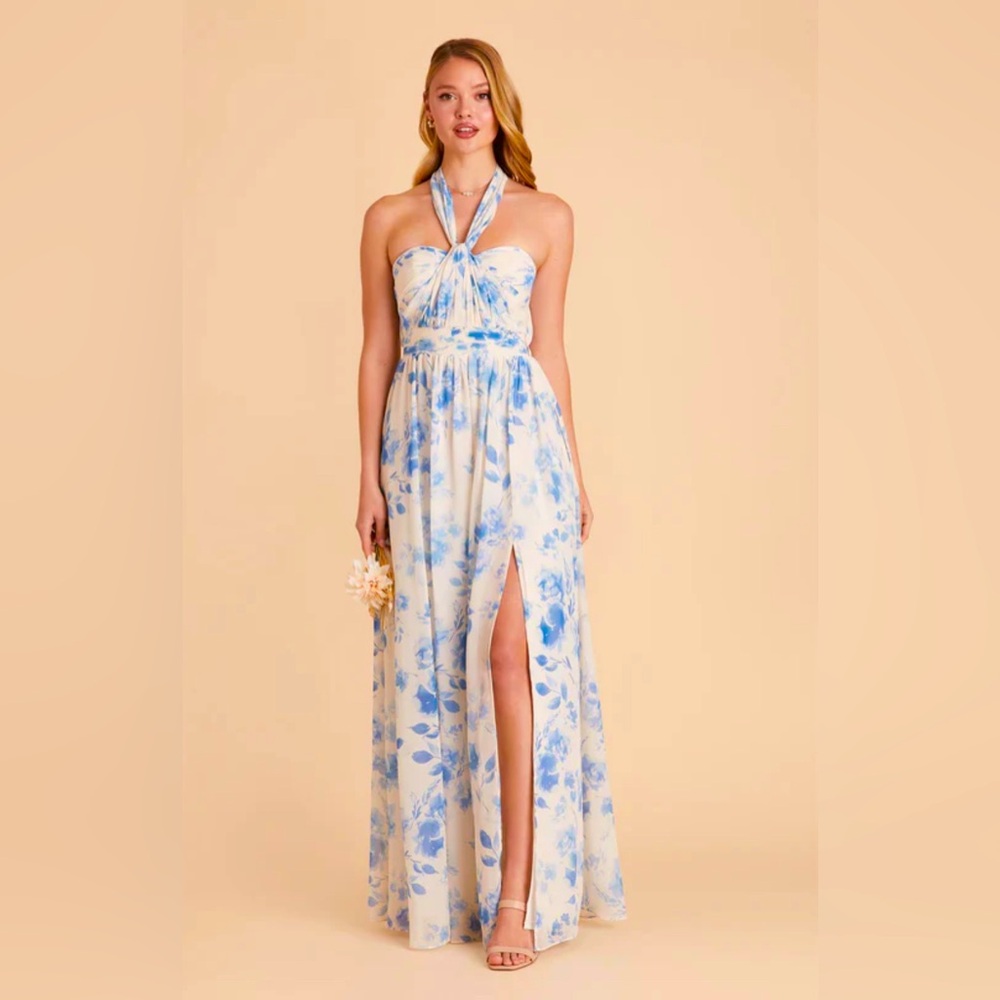 Gorgeous, never-worn dress. Blue floral pattern and convertible neckline.